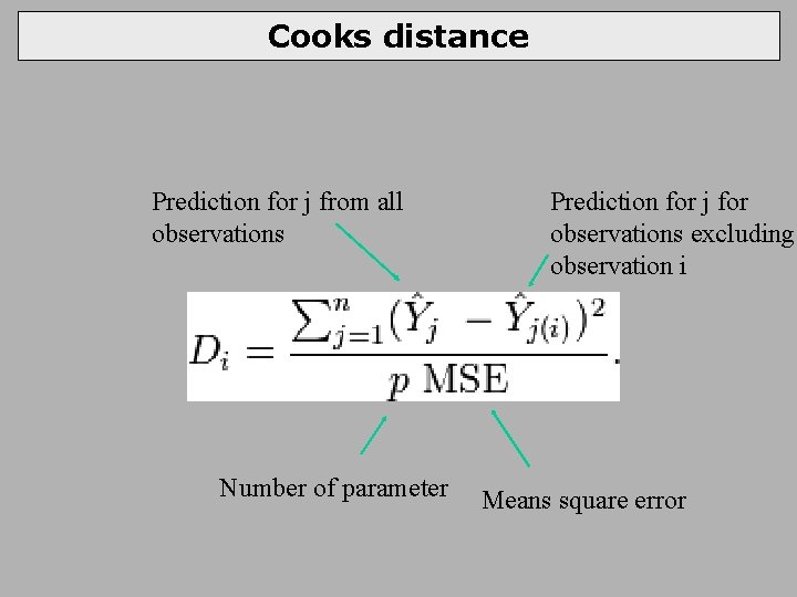 Cooks distance Prediction for j from all observations Number of parameter Prediction for j