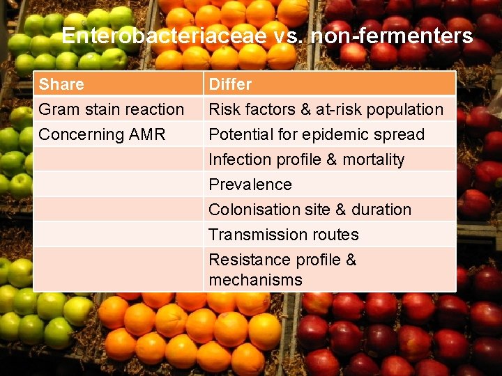 Enterobacteriaceae vs. non-fermenters Share Gram stain reaction Concerning AMR Differ Risk factors & at-risk