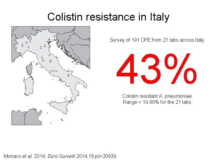 Colistin resistance in Italy Survey of 191 CPE from 21 labs across Italy. 43%