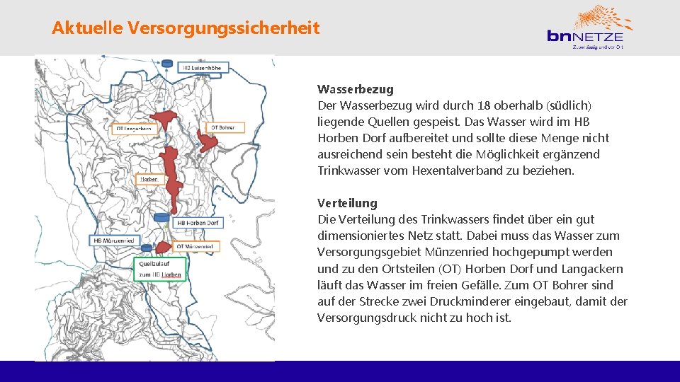 Aktuelle Versorgungssicherheit Wasserbezug Der Wasserbezug wird durch 18 oberhalb (südlich) liegende Quellen gespeist. Das