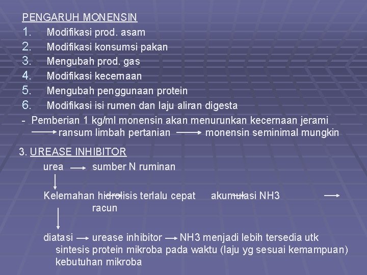 PENGARUH MONENSIN 1. Modifikasi prod. asam 2. Modifikasi konsumsi pakan 3. Mengubah prod. gas