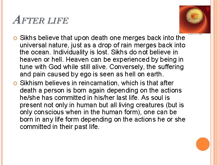 AFTER LIFE Sikhs believe that upon death one merges back into the universal nature,