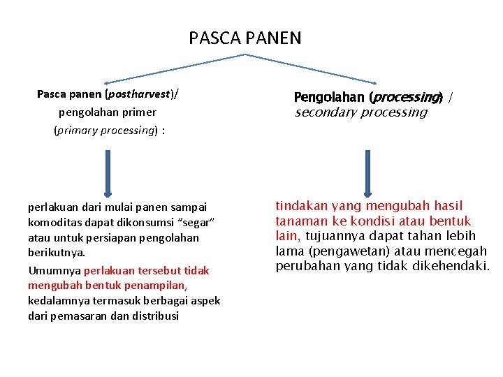 PASCA PANEN Pasca panen (postharvest)/ pengolahan primer (primary processing) : perlakuan dari mulai panen
