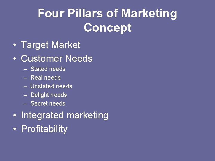 Four Pillars of Marketing Concept • Target Market • Customer Needs – – –