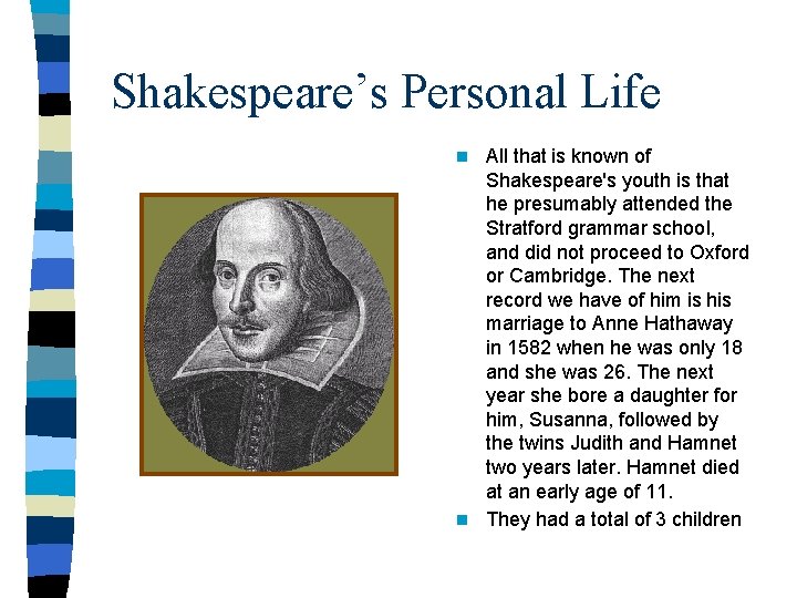 Shakespeare’s Personal Life All that is known of Shakespeare's youth is that he presumably