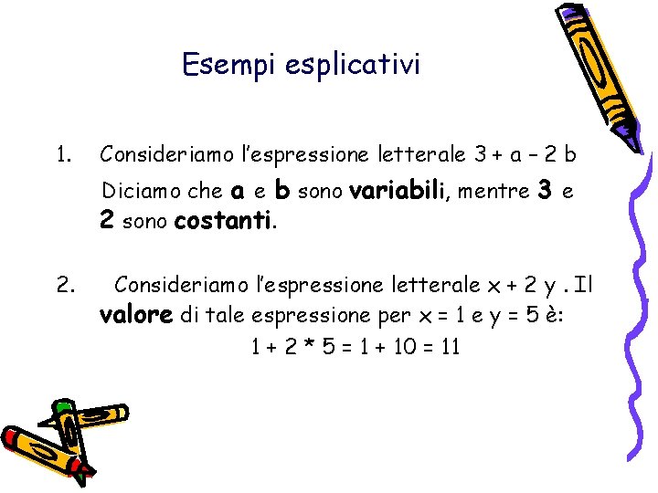 Esempi esplicativi 1. Consideriamo l’espressione letterale 3 + a – 2 b Diciamo che