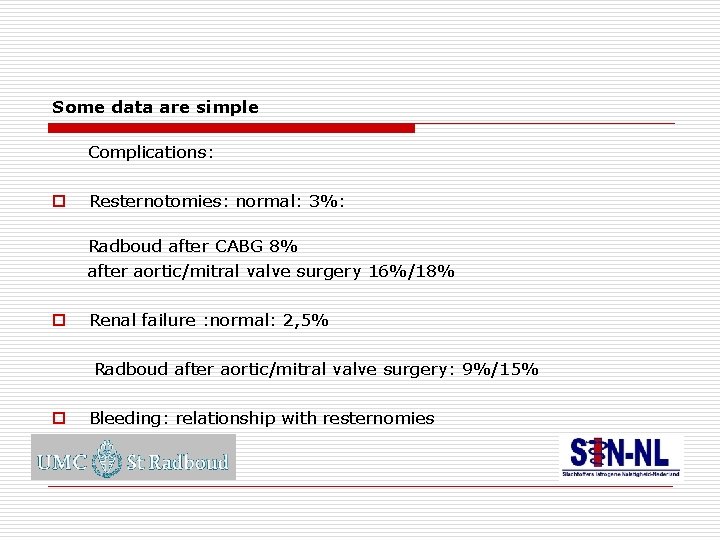 Some data are simple Complications: o Resternotomies: normal: 3%: Radboud after CABG 8% after