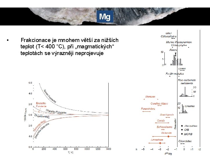 Mg • Frakcionace je mnohem větší za nižších teplot (T< 400 °C), při „magmatických“
