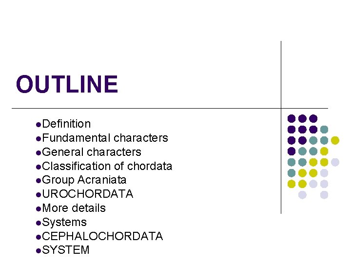 OUTLINE l. Definition l. Fundamental characters l. General characters l. Classification of chordata l.