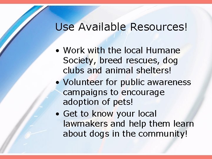 Use Available Resources! • Work with the local Humane Society, breed rescues, dog clubs