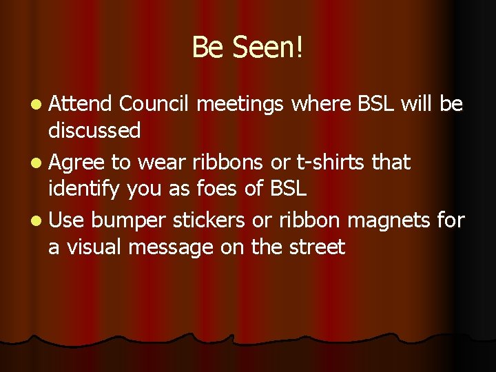 Be Seen! l Attend Council meetings where BSL will be discussed l Agree to