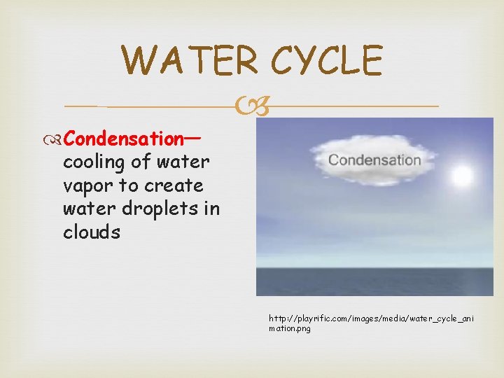 WATER CYCLE Condensation— cooling of water vapor to create water droplets in clouds http: