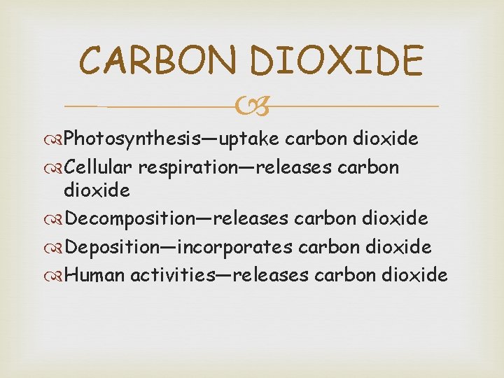 CARBON DIOXIDE Photosynthesis—uptake carbon dioxide Cellular respiration—releases carbon dioxide Decomposition—releases carbon dioxide Deposition—incorporates carbon