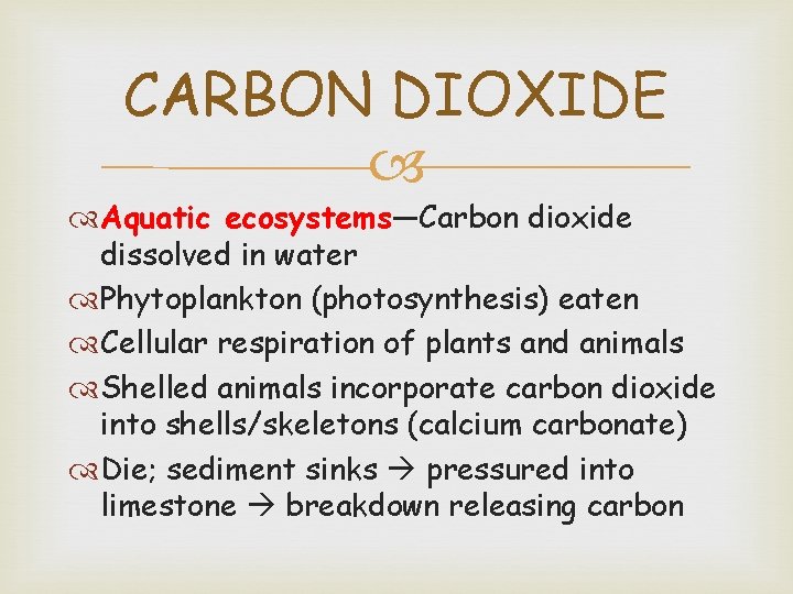 CARBON DIOXIDE Aquatic ecosystems—Carbon dioxide dissolved in water Phytoplankton (photosynthesis) eaten Cellular respiration of