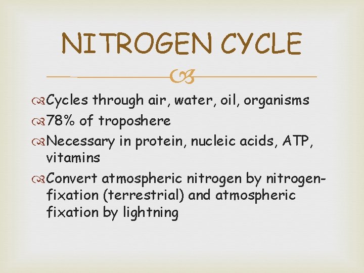 NITROGEN CYCLE Cycles through air, water, oil, organisms 78% of troposhere Necessary in protein,