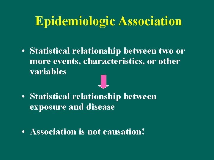 Epidemiologic Association • Statistical relationship between two or more events, characteristics, or other variables