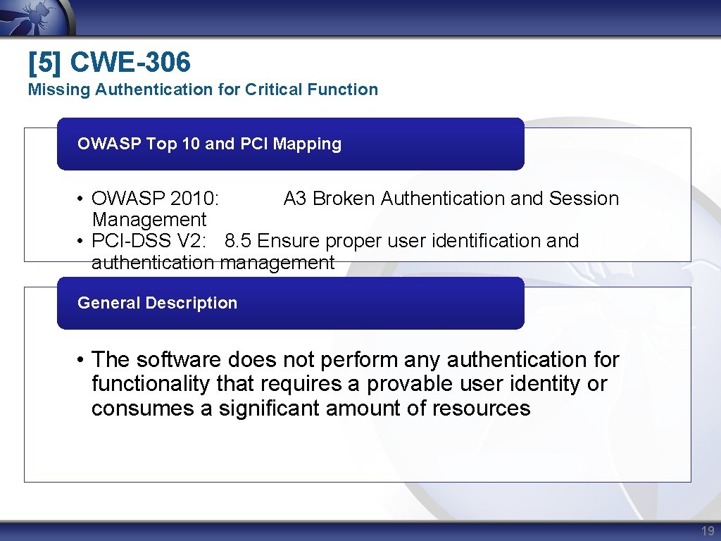 [5] CWE-306 Missing Authentication for Critical Function OWASP Top 10 and PCI Mapping •