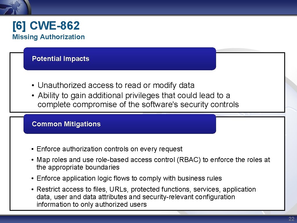 [6] CWE-862 Missing Authorization Potential Impacts • Unauthorized access to read or modify data