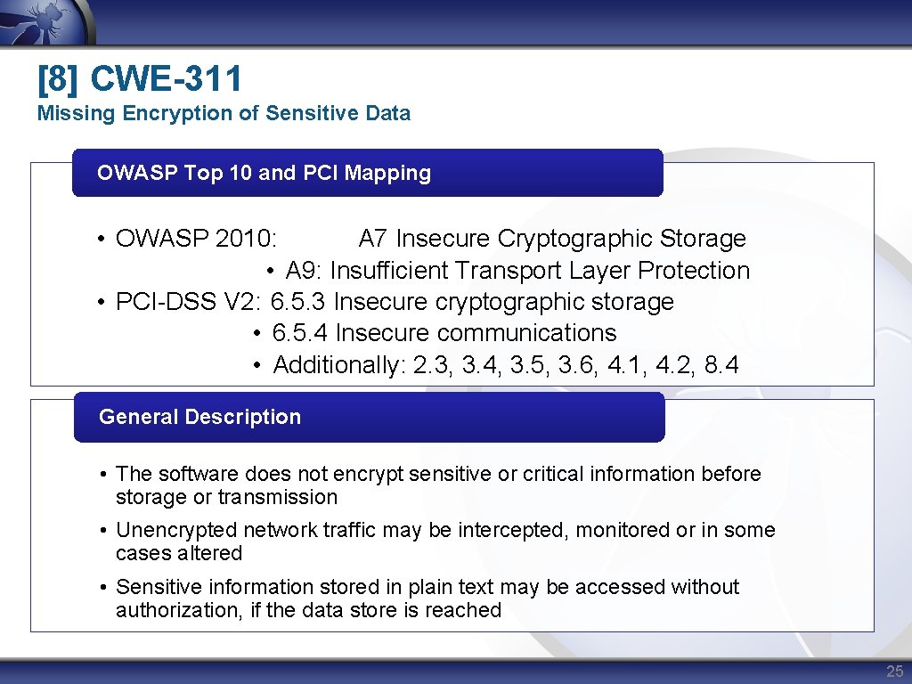 [8] CWE-311 Missing Encryption of Sensitive Data OWASP Top 10 and PCI Mapping •