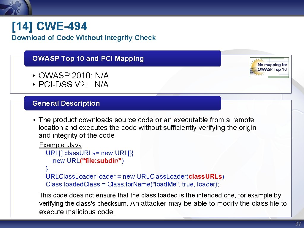 [14] CWE-494 Download of Code Without Integrity Check OWASP Top 10 and PCI Mapping