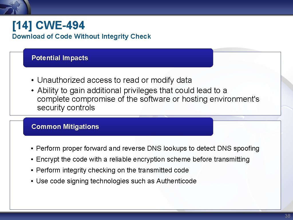 [14] CWE-494 Download of Code Without Integrity Check Potential Impacts • Unauthorized access to