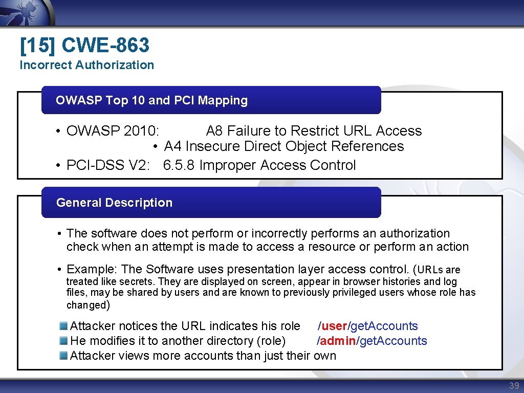 [15] CWE-863 Incorrect Authorization OWASP Top 10 and PCI Mapping • OWASP 2010: A