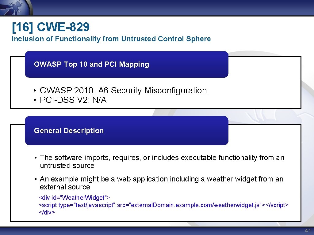 [16] CWE-829 Inclusion of Functionality from Untrusted Control Sphere OWASP Top 10 and PCI