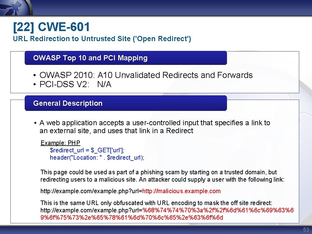 [22] CWE-601 URL Redirection to Untrusted Site ('Open Redirect') OWASP Top 10 and PCI