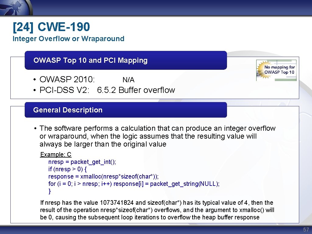 [24] CWE-190 Integer Overflow or Wraparound OWASP Top 10 and PCI Mapping • OWASP