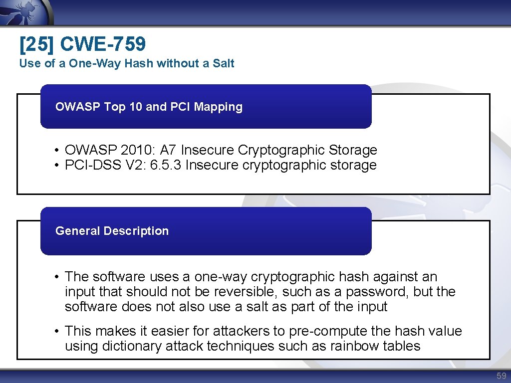 [25] CWE-759 Use of a One-Way Hash without a Salt OWASP Top 10 and