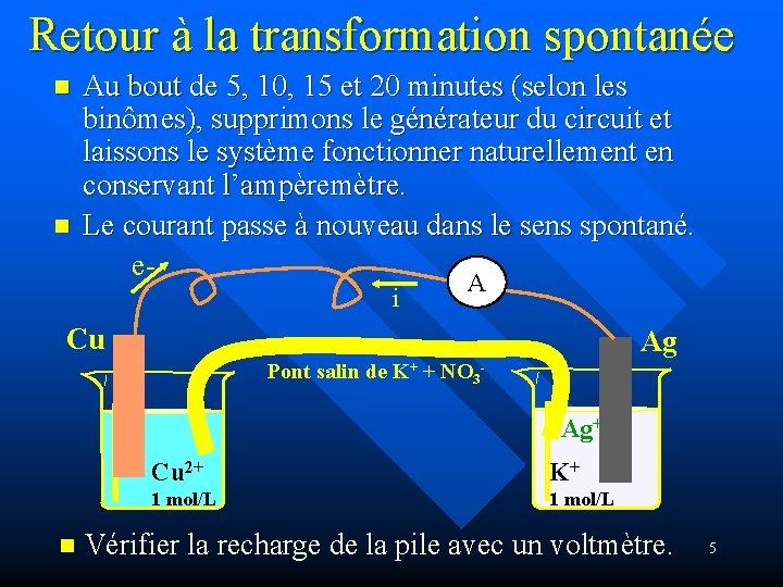 Retour à la transformation spontanée n n Au bout de 5, 10, 15 et