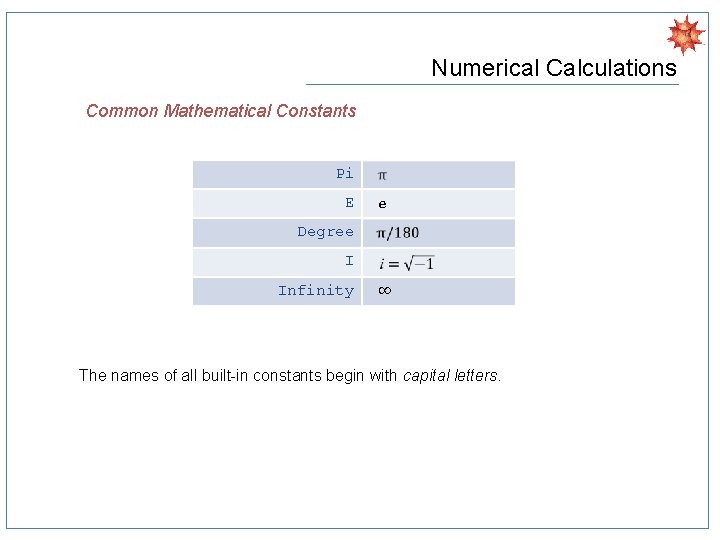 Numerical Calculations Common Mathematical Constants Pi E e Degree I Infinity ∞ The names