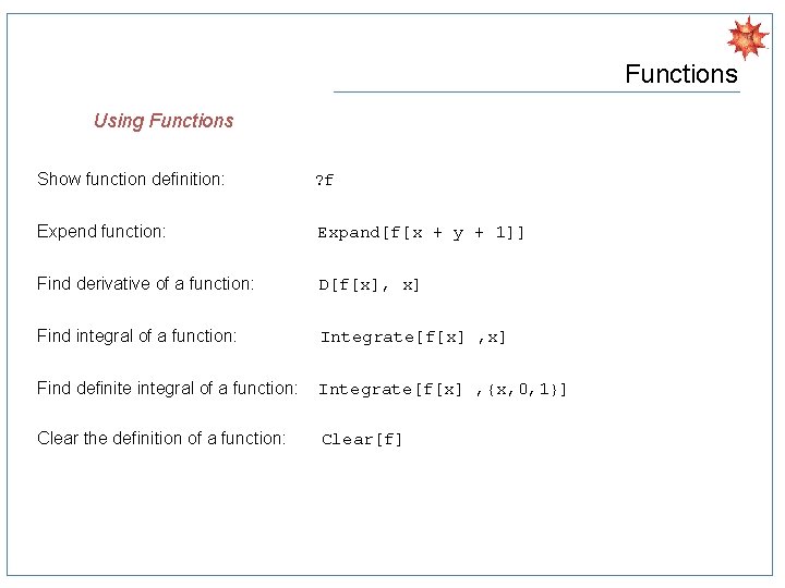 Functions Using Functions Show function definition: ? f Expend function: Expand[f[x + y +