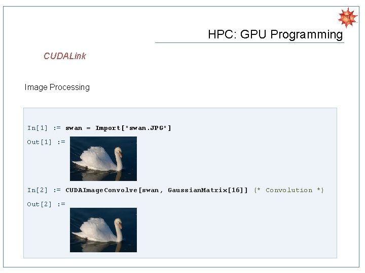 HPC: GPU Programming CUDALink Image Processing In[1] : = swan = Import["swan. JPG"] Out[1]