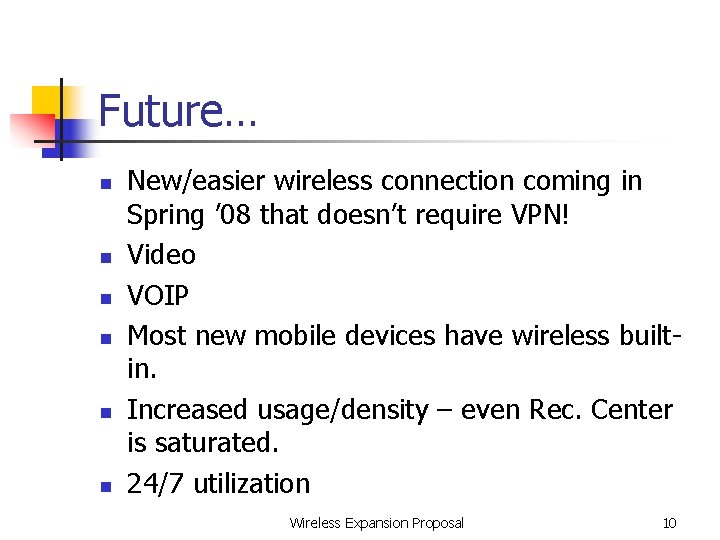 Future… n n n New/easier wireless connection coming in Spring ’ 08 that doesn’t