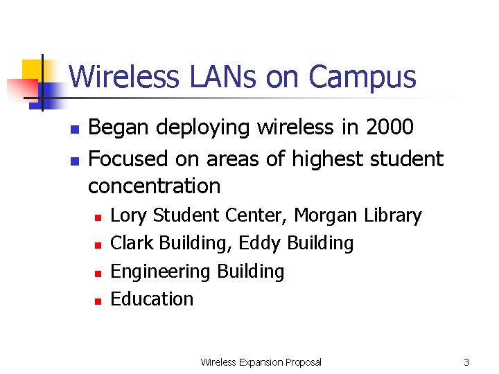 Wireless LANs on Campus n n Began deploying wireless in 2000 Focused on areas