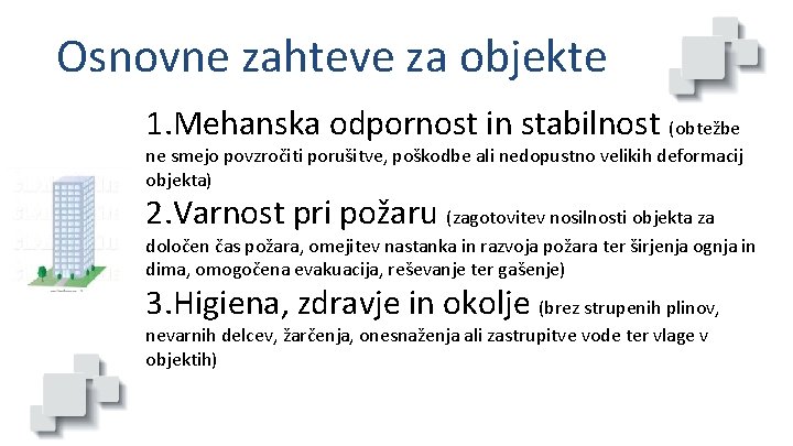 Osnovne zahteve za objekte 1. Mehanska odpornost in stabilnost (obtežbe ne smejo povzročiti porušitve,