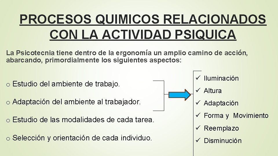 PROCESOS QUIMICOS RELACIONADOS CON LA ACTIVIDAD PSIQUICA La Psicotecnia tiene dentro de la ergonomía