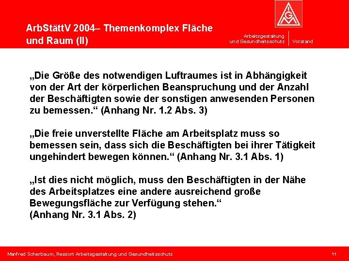 Arb. Stätt. V 2004– Themenkomplex Fläche und Raum (II) Arbeitsgestaltung und Gesundheitsschutz Vorstand „Die