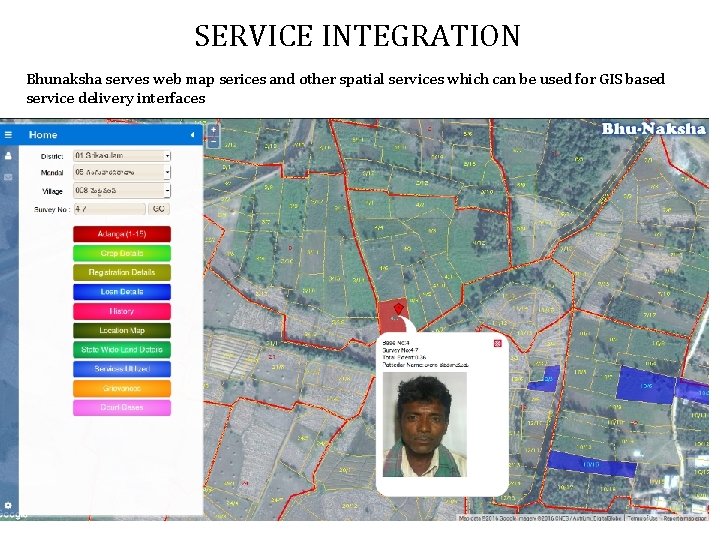 SERVICE INTEGRATION Bhunaksha serves web map serices and other spatial services which can be
