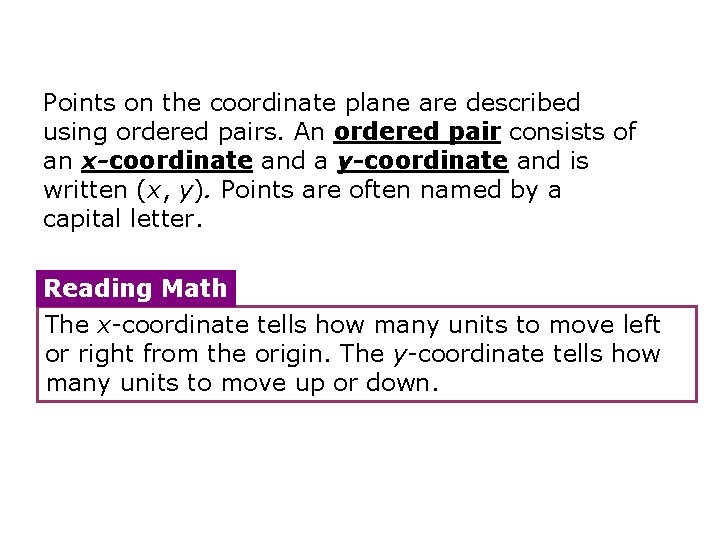 Points on the coordinate plane are described using ordered pairs. An ordered pair consists