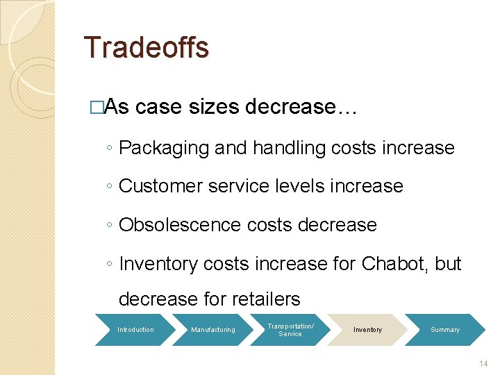 Tradeoffs �As case sizes decrease… ◦ Packaging and handling costs increase ◦ Customer service