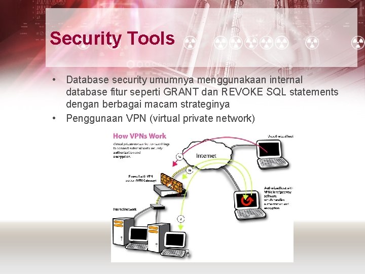 Security Tools • Database security umumnya menggunakaan internal database fitur seperti GRANT dan REVOKE
