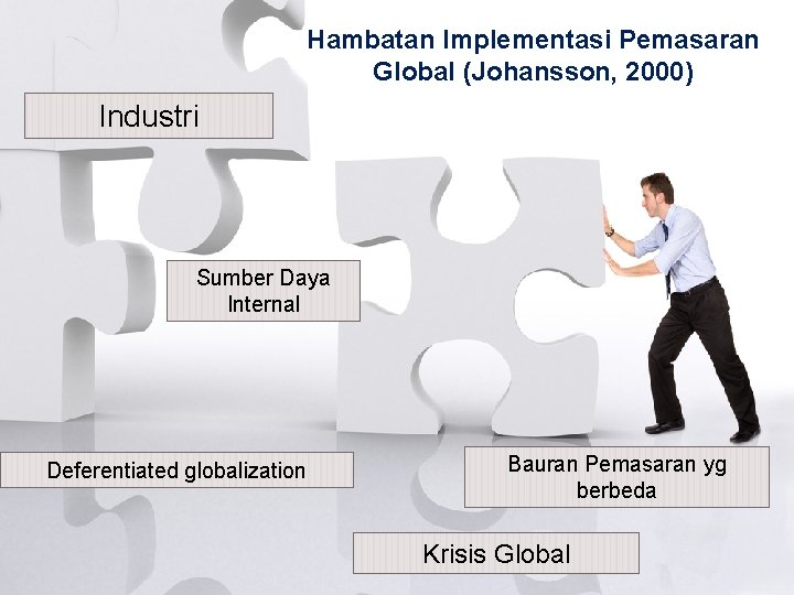 Hambatan Implementasi Pemasaran Global (Johansson, 2000) Industri Sumber Daya Internal Deferentiated globalization Bauran Pemasaran