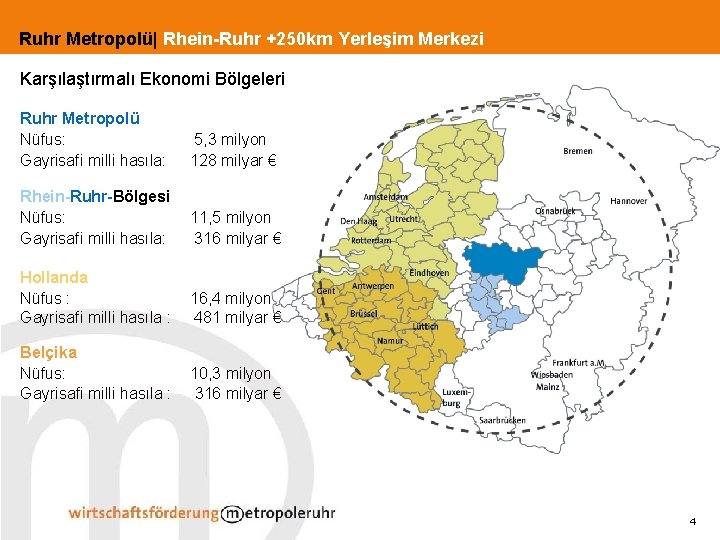 Ruhr Metropolü| Rhein-Ruhr +250 km Yerleşim Merkezi Karşılaştırmalı Ekonomi Bölgeleri Ruhr Metropolü Nüfus: Gayrisafi