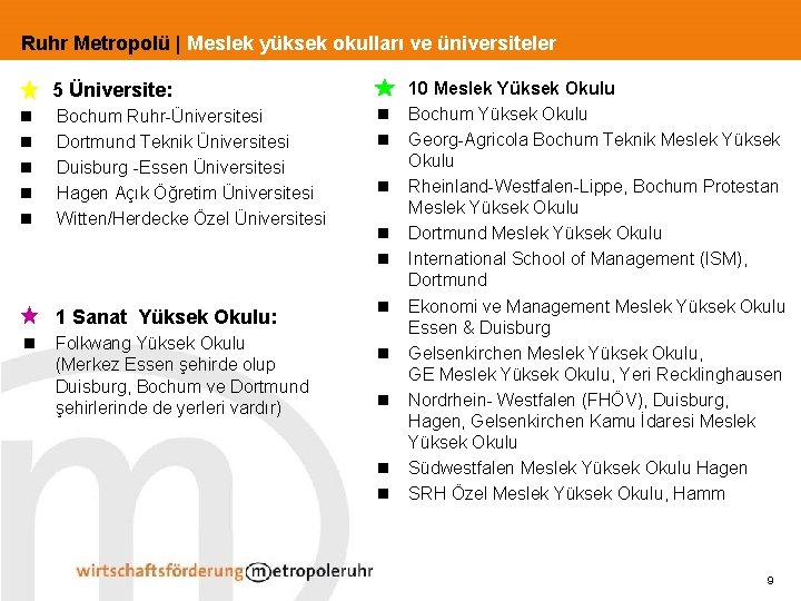 Ruhr Metropolü | Meslek yüksek okulları ve üniversiteler 5 Üniversite: n n n Bochum