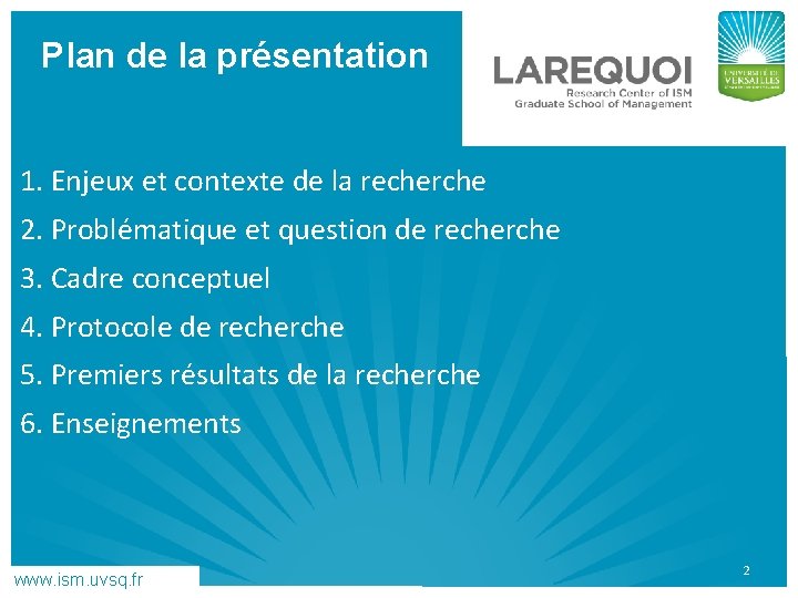 Plan de la présentation 1. Enjeux et contexte de la recherche 2. Problématique et