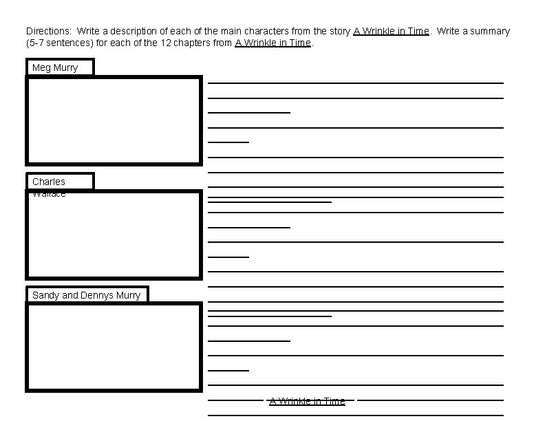 Directions: Write a description of each of the main characters from the story A