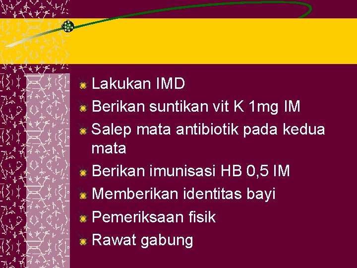 Lakukan IMD Berikan suntikan vit K 1 mg IM Salep mata antibiotik pada kedua