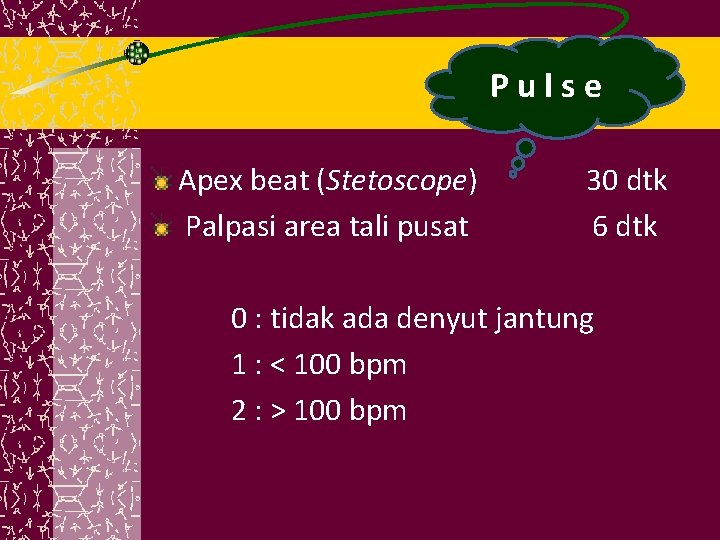 Pulse Apex beat (Stetoscope) Palpasi area tali pusat 30 dtk 6 dtk 0 :